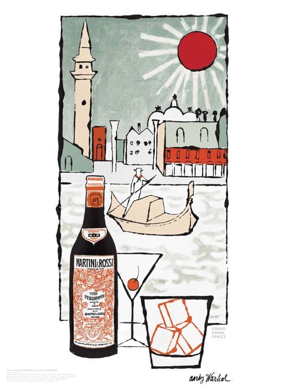 This is a poster designed by Andy Warhol. It has a bottle of Martini  & Rossi vermouth, glasses and a picture of a person riding a gondola. The background is red, white, green and orange of a city, followed by the sun in the right-hand corner.